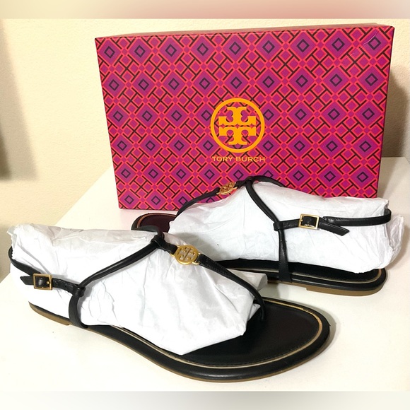 TORY BURCH Emmy T-strap Flat Sandals & dust bag Black 8 1/2 - Picture 4 of 16